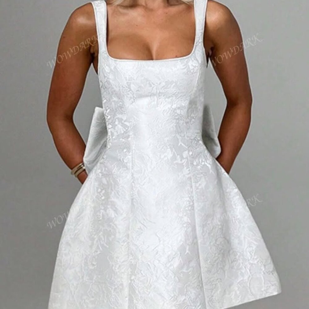 WOWDARK Women Square Neck Bow Decor A-Line Strap Summer Dress - Picture 1 of 2